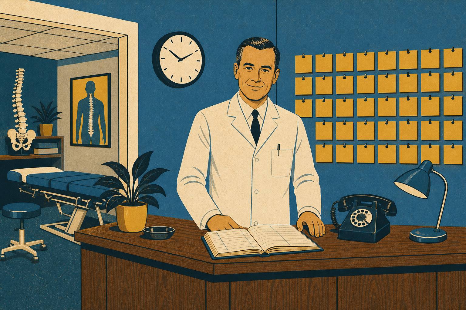 Illustration of Timothy Haas at the front desk of Haas Chiropractic