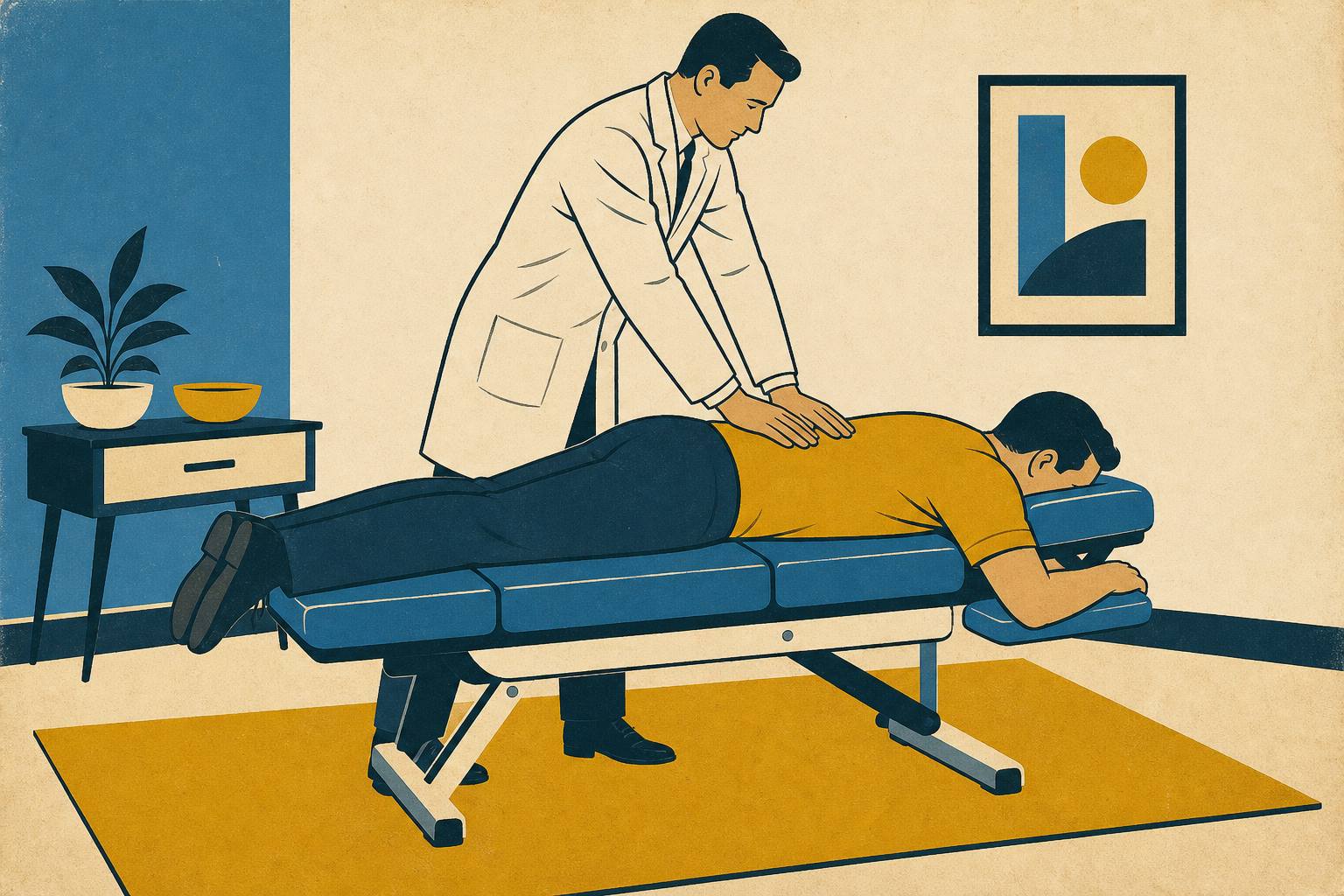 Illustration of a hands-on chiropractic adjustment on the treatment table